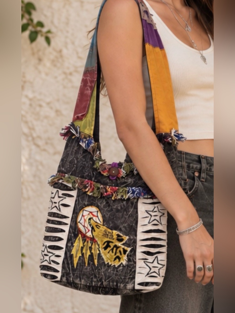 90s Hippy Boho Rainbow Patchwork Shoulder Bag Tote Purse dreamcatcher Wolf